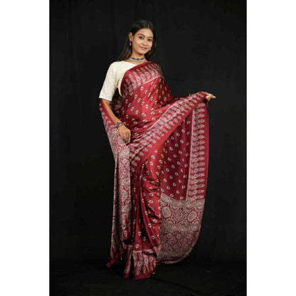 Isadora Life Womens Floral Block Print Maroon Pre-Draped Saree With Unstitched Blouse