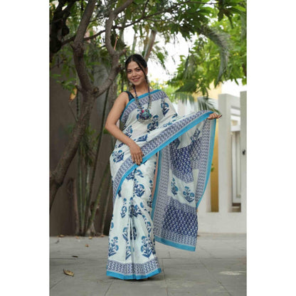 Isadora Life Womens Floral Printed White Pre-Draped Saree With Unstitched Blouse