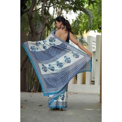 Isadora Life Womens Floral Printed White Pre-Draped Saree With Unstitched Blouse