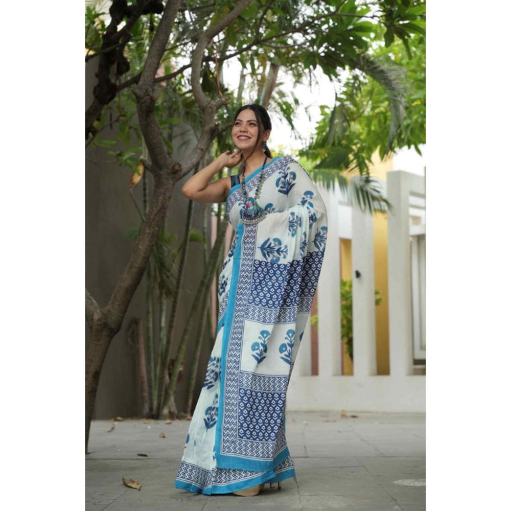 Isadora Life Womens Floral Printed White Pre-Draped Saree With Unstitched Blouse