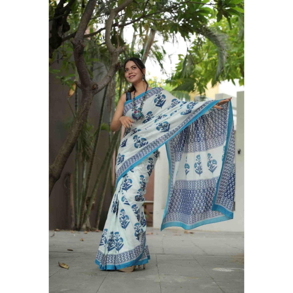 Isadora Life Womens Floral Printed White Pre-Draped Saree With Unstitched Blouse