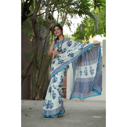 Isadora Life Womens Floral Printed White Pre-Draped Saree With Unstitched Blouse