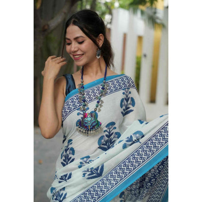 Isadora Life Womens Floral Printed White Pre-Draped Saree With Unstitched Blouse