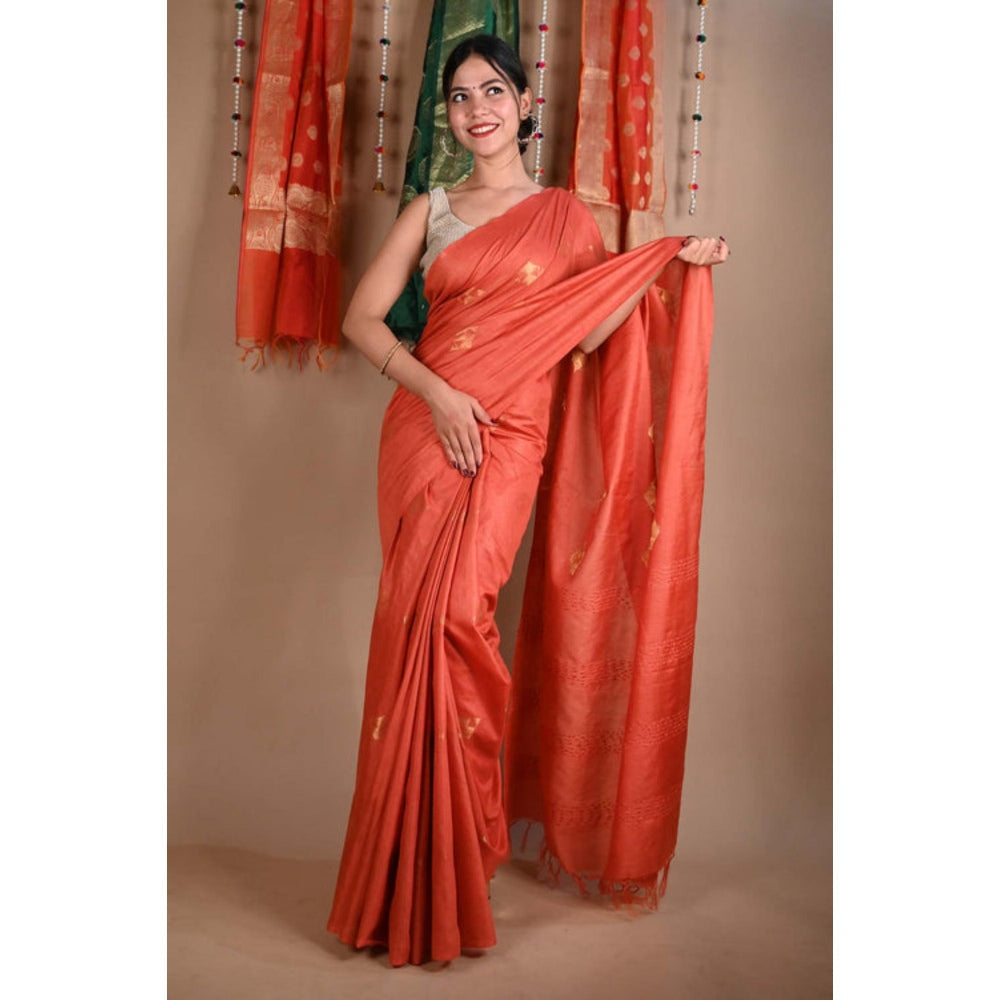 Isadora Life Womens Woven Tassels Orange Pre-Draped Saree With Unstitched Blouse