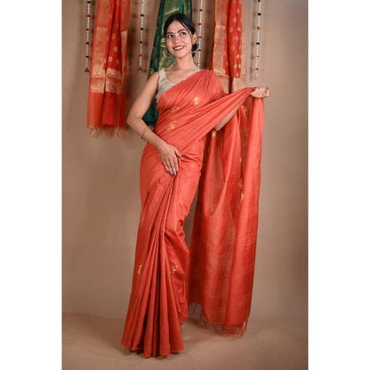 Isadora Life Womens Woven Tassels Orange Pre-Draped Saree With Unstitched Blouse