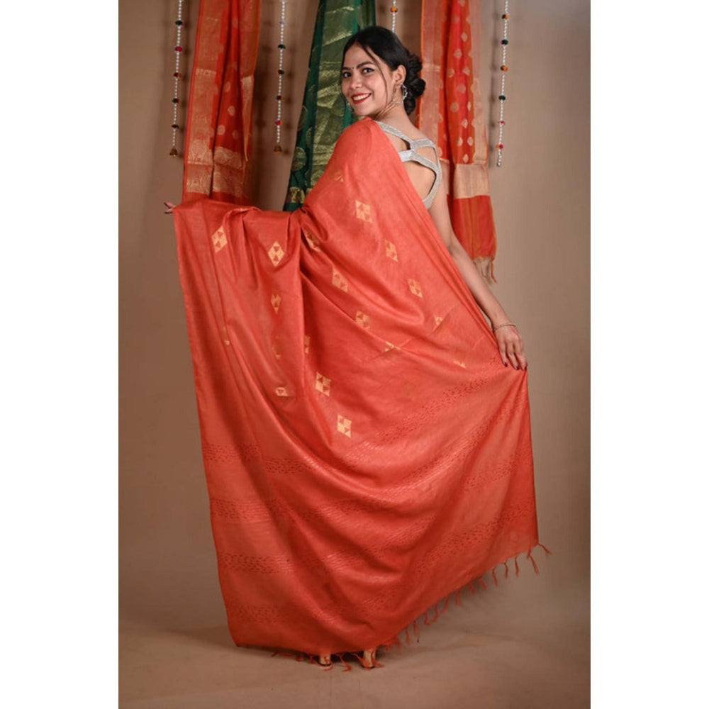 Isadora Life Womens Woven Tassels Orange Pre-Draped Saree With Unstitched Blouse