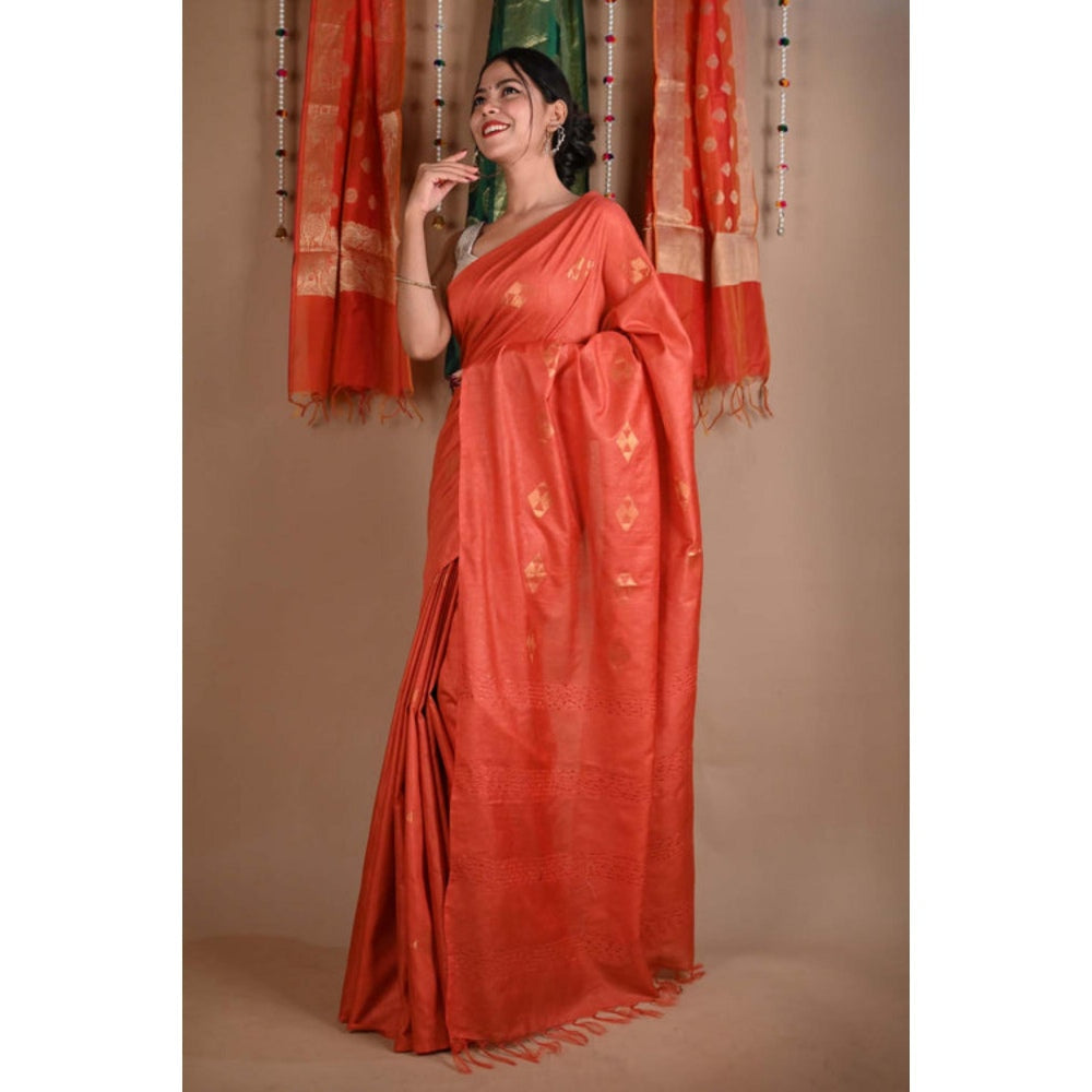 Isadora Life Womens Woven Tassels Orange Pre-Draped Saree With Unstitched Blouse