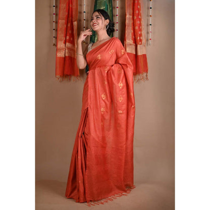 Isadora Life Womens Woven Tassels Orange Pre-Draped Saree With Unstitched Blouse