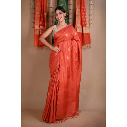 Isadora Life Womens Woven Tassels Orange Pre-Draped Saree With Unstitched Blouse