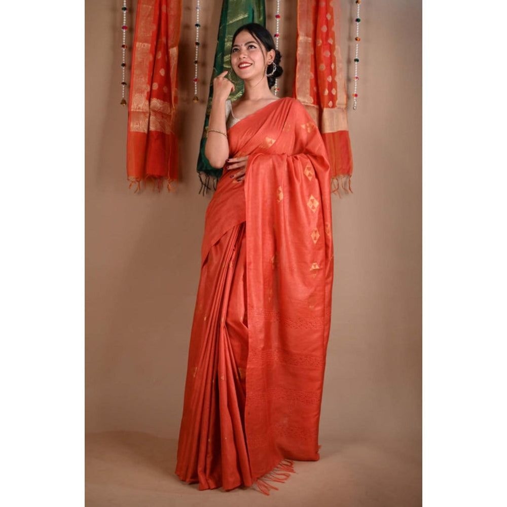 Isadora Life Womens Woven Tassels Orange Pre-Draped Saree With Unstitched Blouse