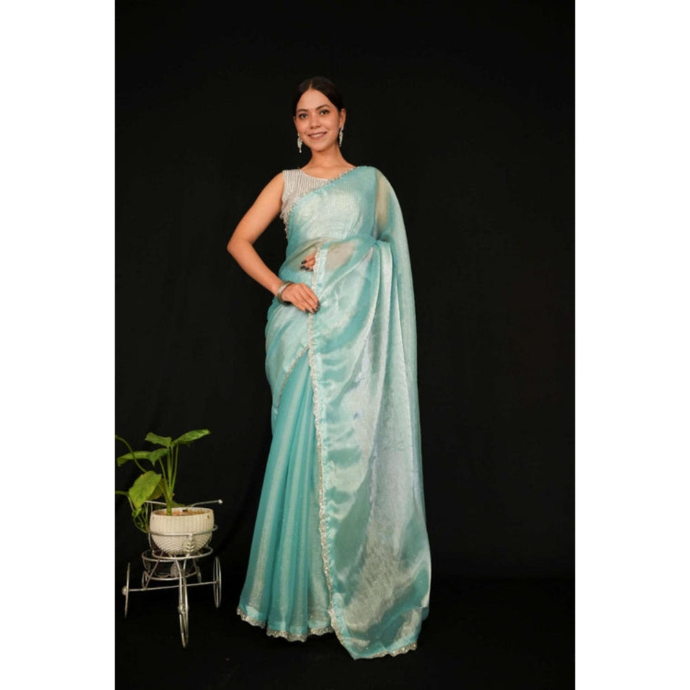 Isadora Life Womens Sequined Blue Pre-Draped Saree With Unstitched Blouse