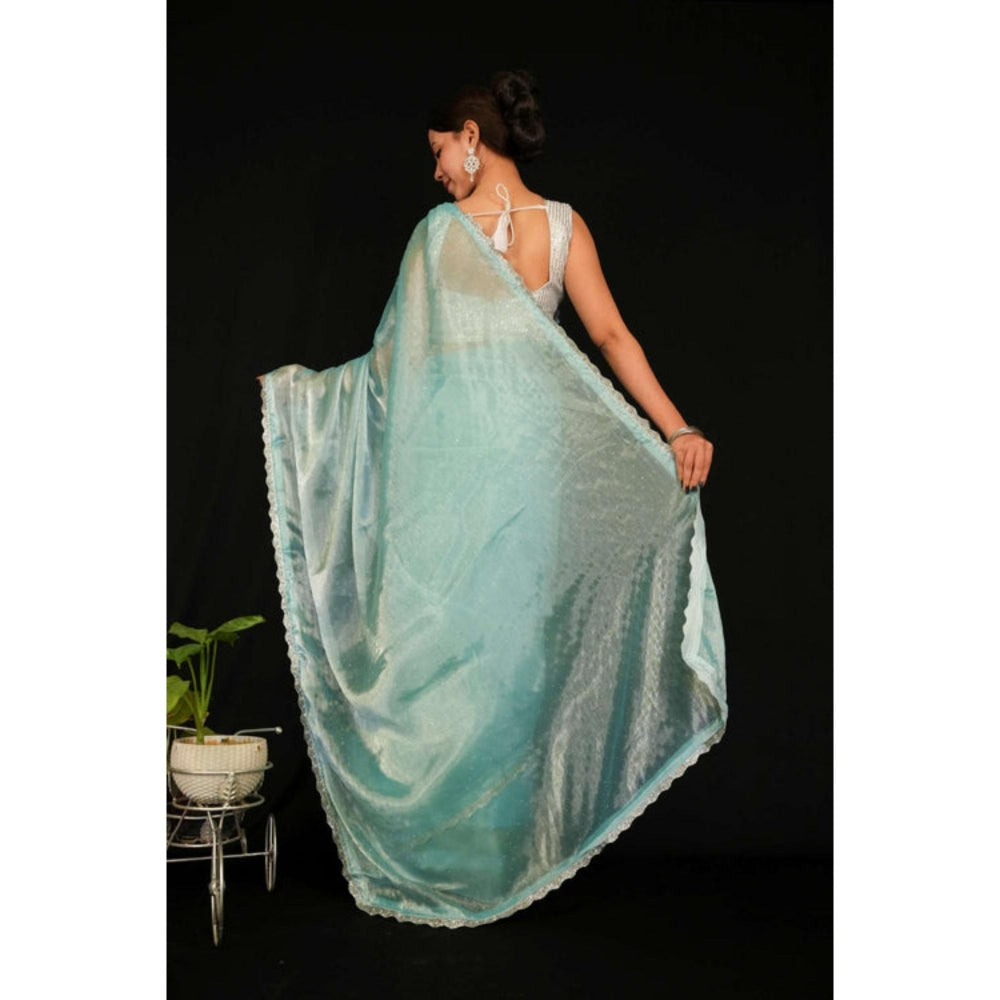 Isadora Life Womens Sequined Blue Pre-Draped Saree With Unstitched Blouse