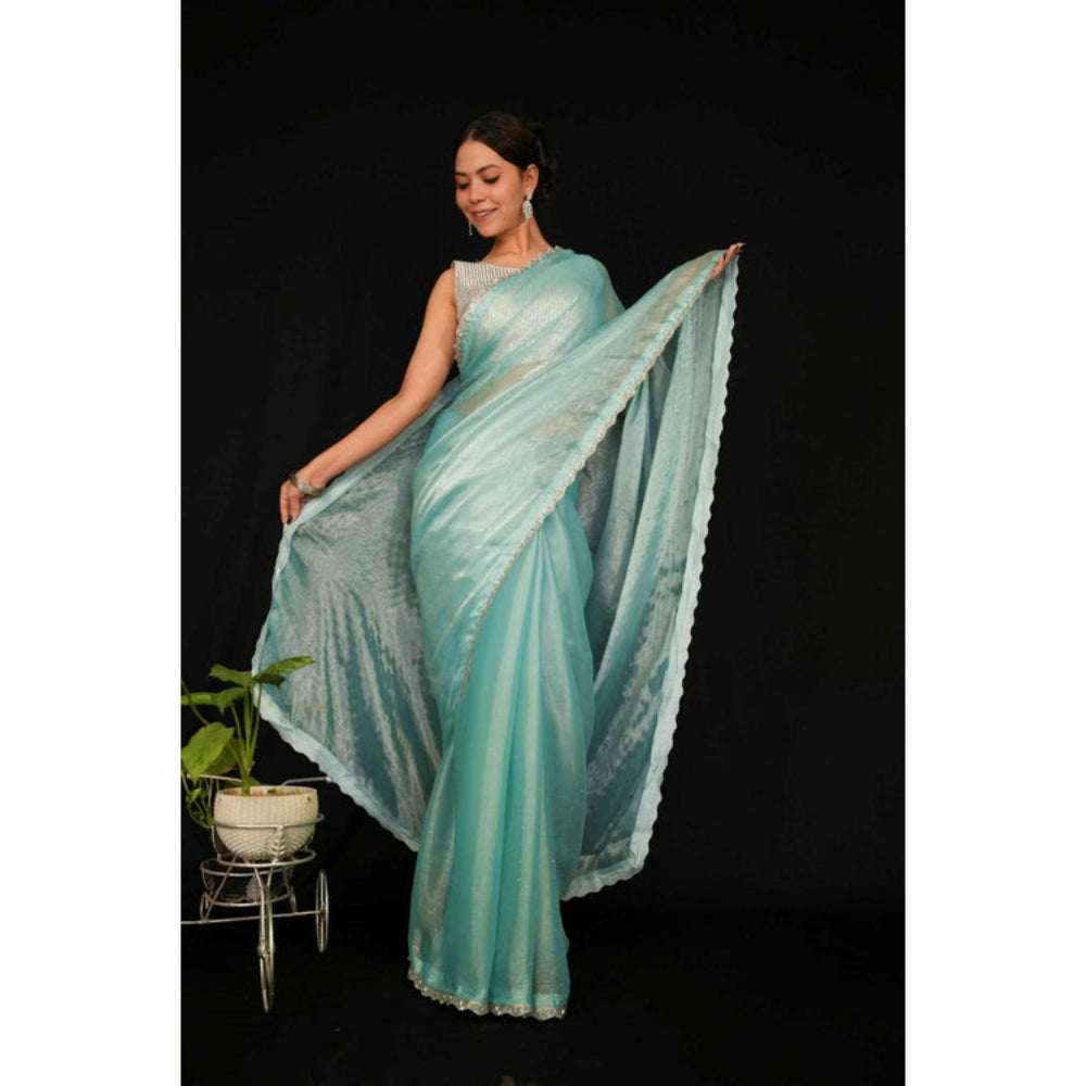 Isadora Life Womens Sequined Blue Pre-Draped Saree With Unstitched Blouse