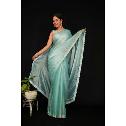 Isadora Life Womens Sequined Blue Pre-Draped Saree With Unstitched Blouse