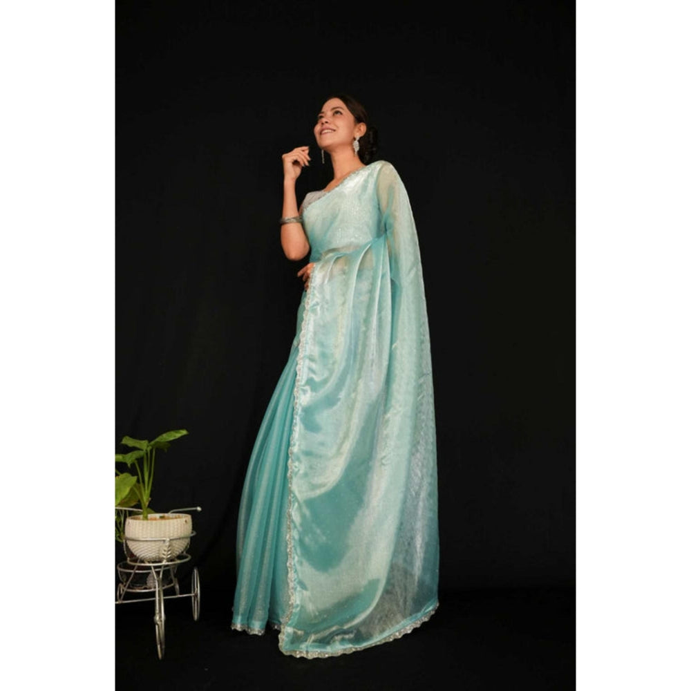Isadora Life Womens Sequined Blue Pre-Draped Saree With Unstitched Blouse
