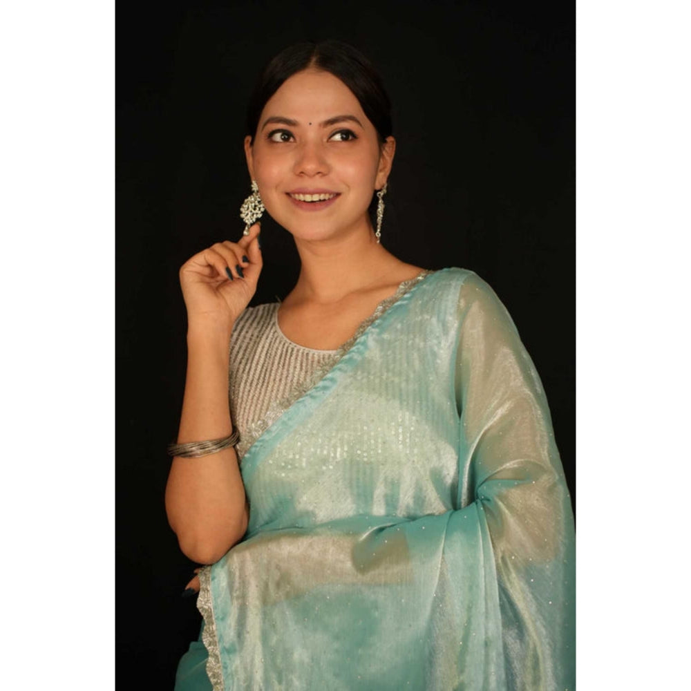 Isadora Life Womens Sequined Blue Pre-Draped Saree With Unstitched Blouse