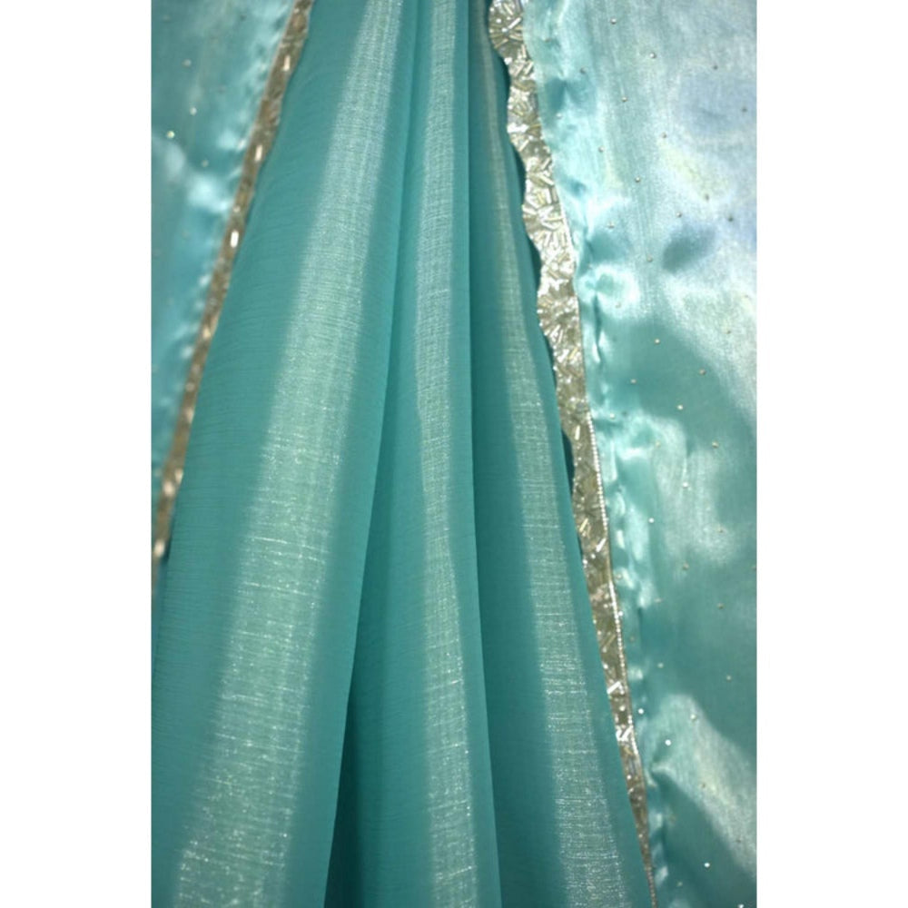 Isadora Life Womens Sequined Blue Pre-Draped Saree With Unstitched Blouse