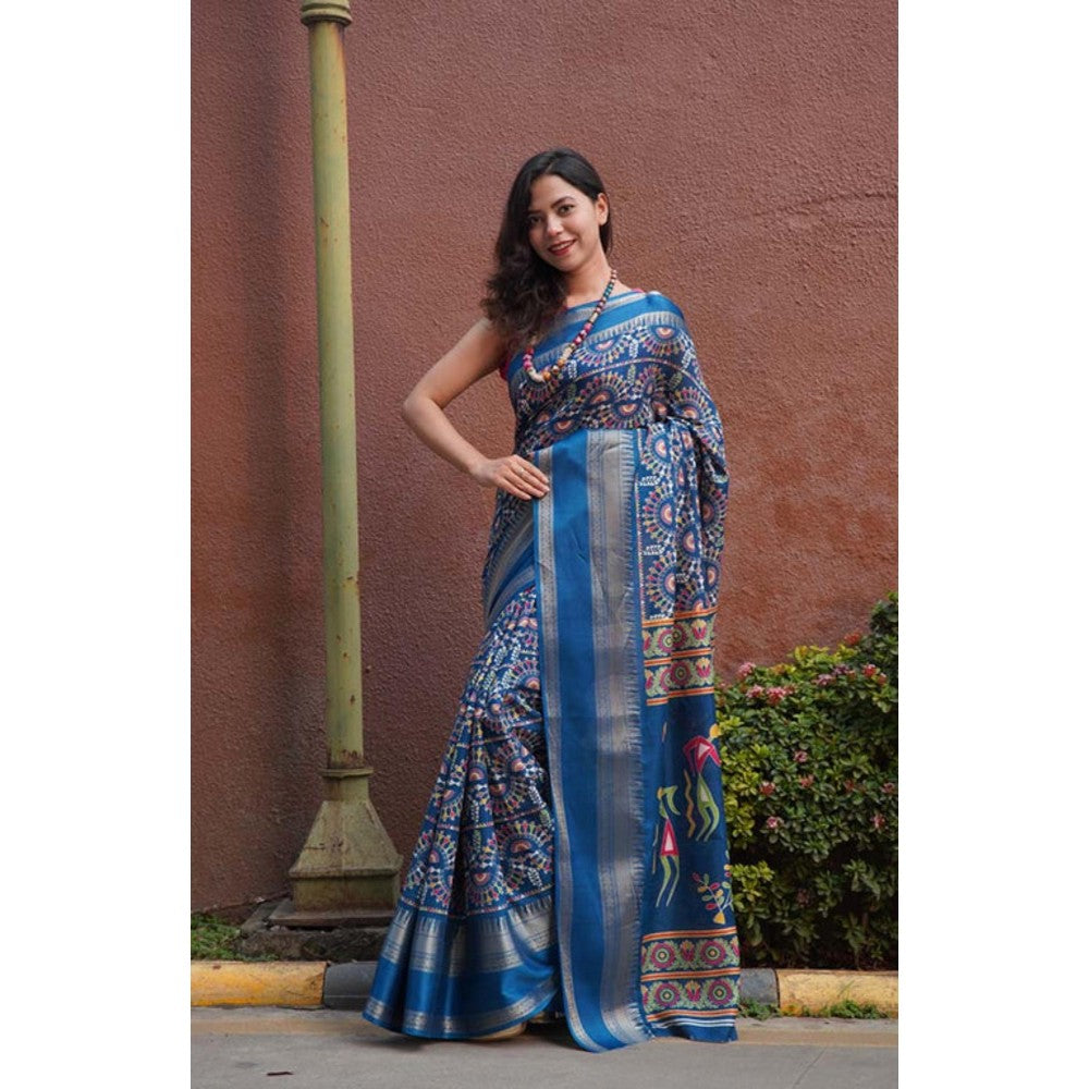 Isadora Life Womens Kalamkari Printed Blue Pre-Draped Saree With Unstitched Blouse