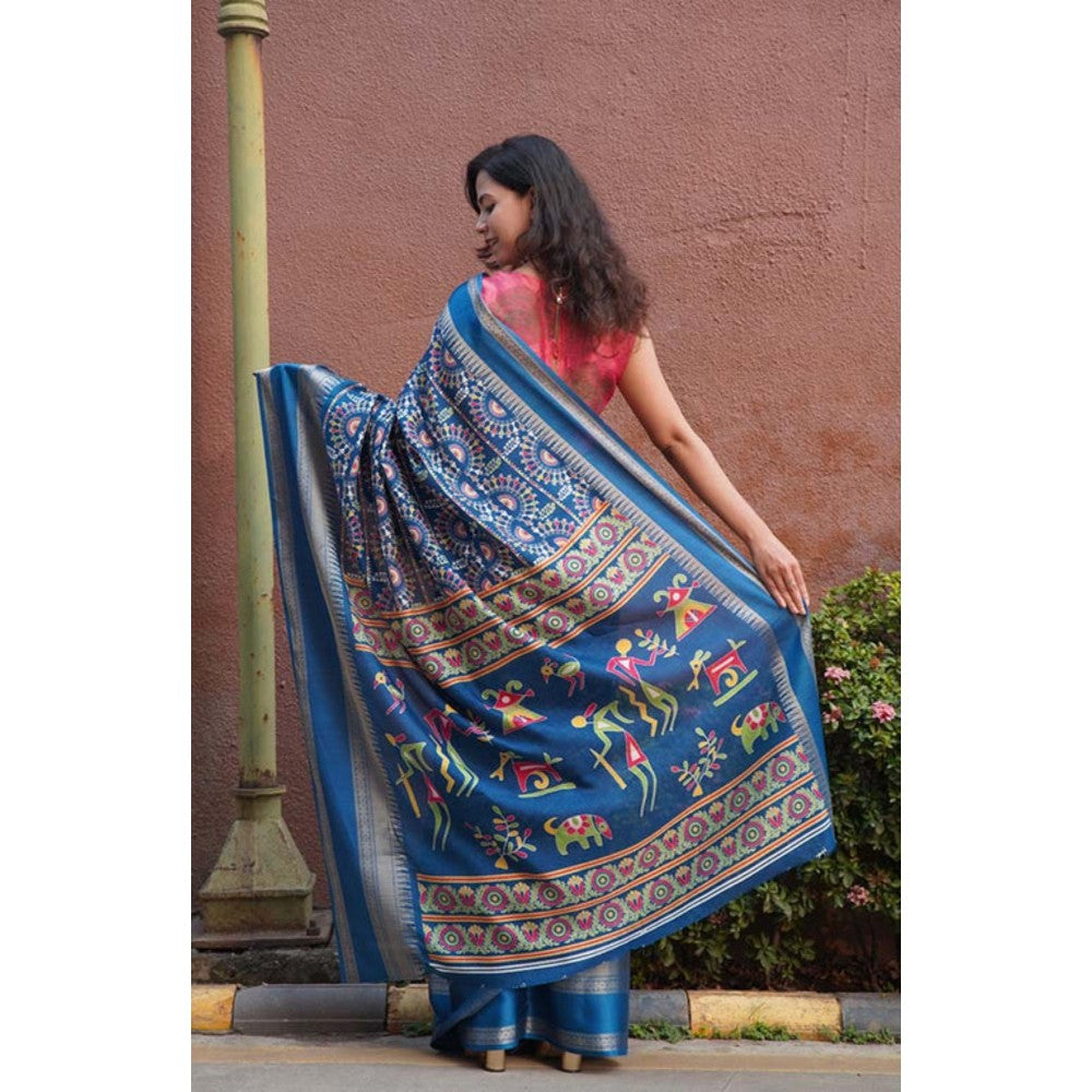 Isadora Life Womens Kalamkari Printed Blue Pre-Draped Saree With Unstitched Blouse