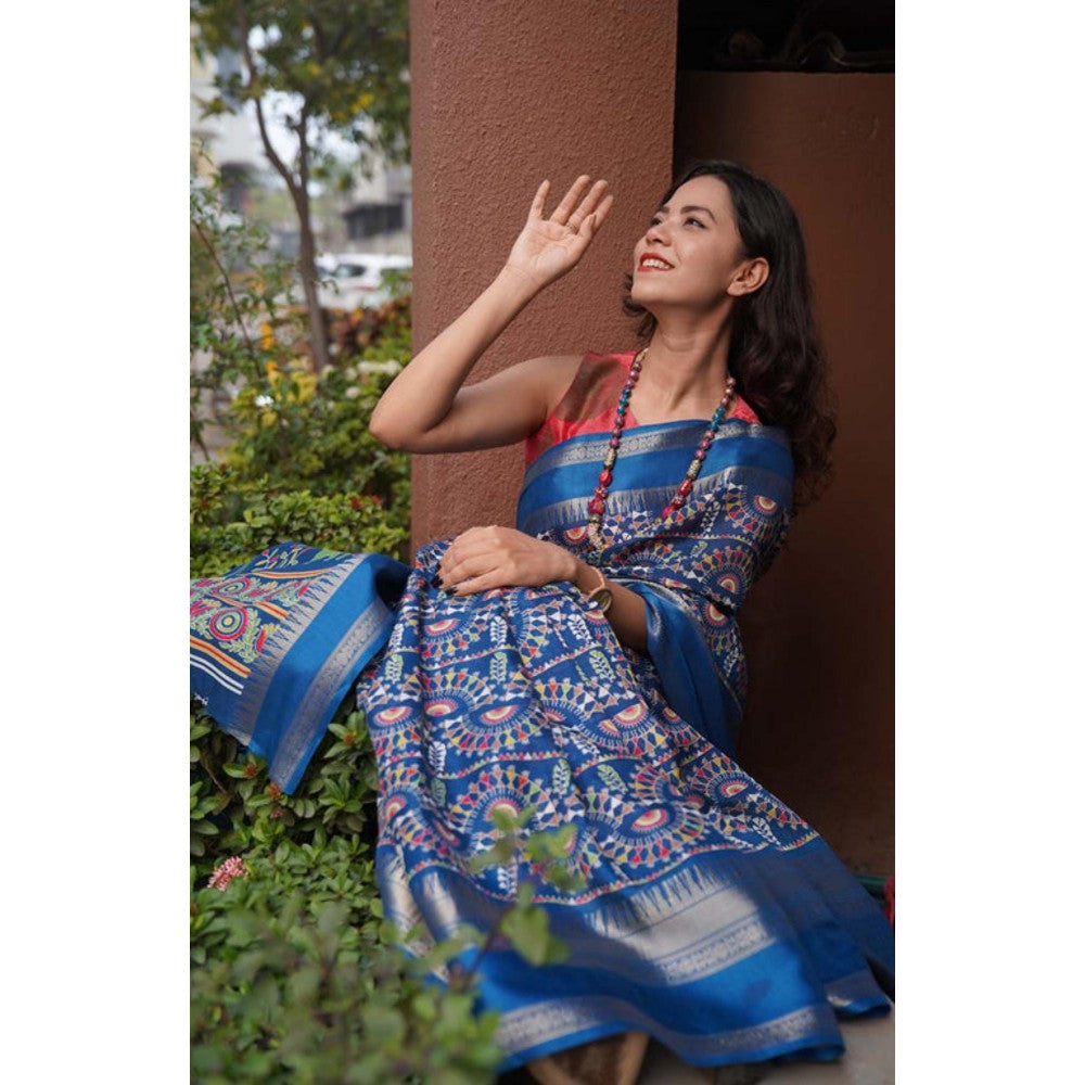 Isadora Life Womens Kalamkari Printed Blue Pre-Draped Saree With Unstitched Blouse