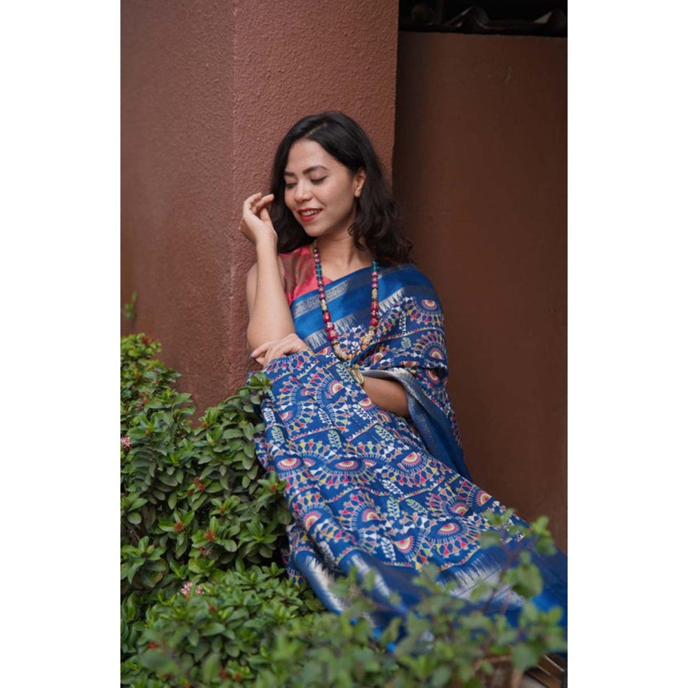 Isadora Life Womens Kalamkari Printed Blue Pre-Draped Saree With Unstitched Blouse
