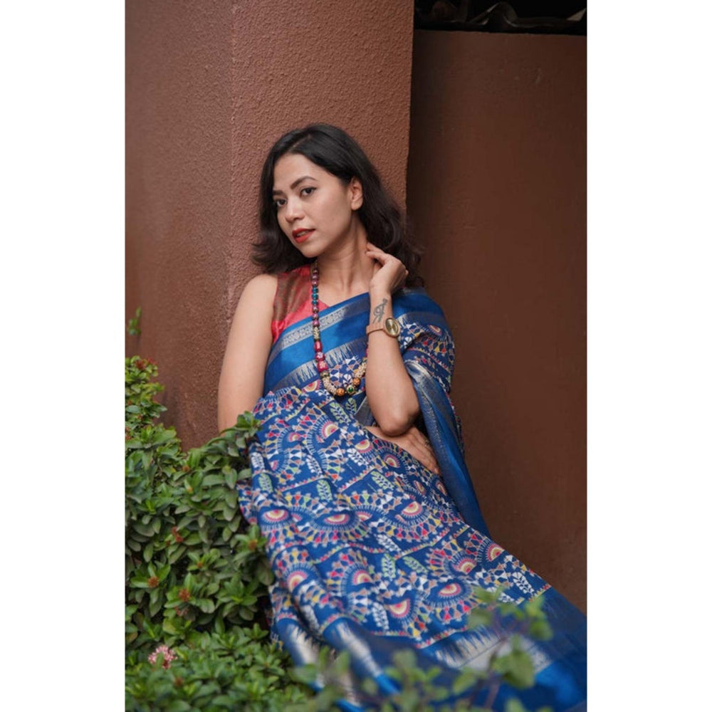 Isadora Life Womens Kalamkari Printed Blue Pre-Draped Saree With Unstitched Blouse