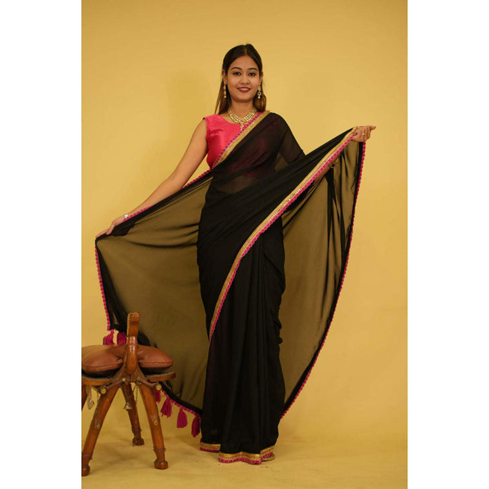 Isadora Life Womens Solid Tassels Black Pre-Draped Saree With Unstitched Blouse
