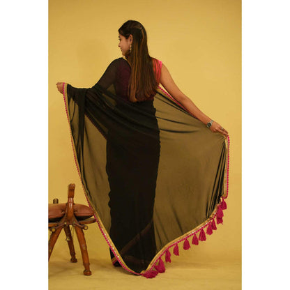 Isadora Life Womens Solid Tassels Black Pre-Draped Saree With Unstitched Blouse