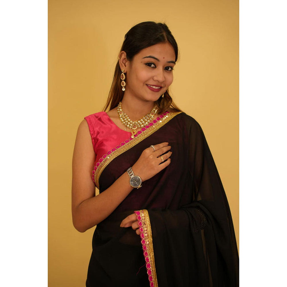 Isadora Life Womens Solid Tassels Black Pre-Draped Saree With Unstitched Blouse