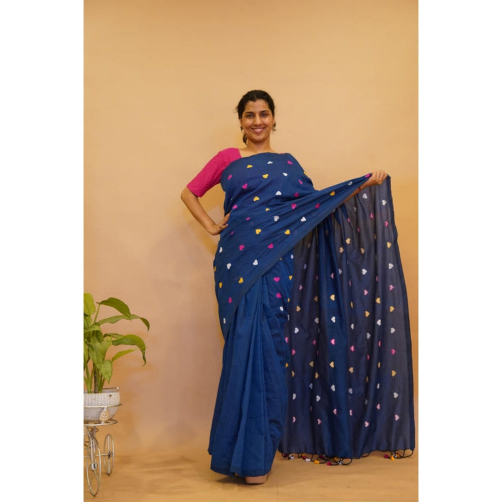 Isadora Life Womens Embroidered Tassels Navy Blue Pre-Draped Saree With Unstitched Blouse