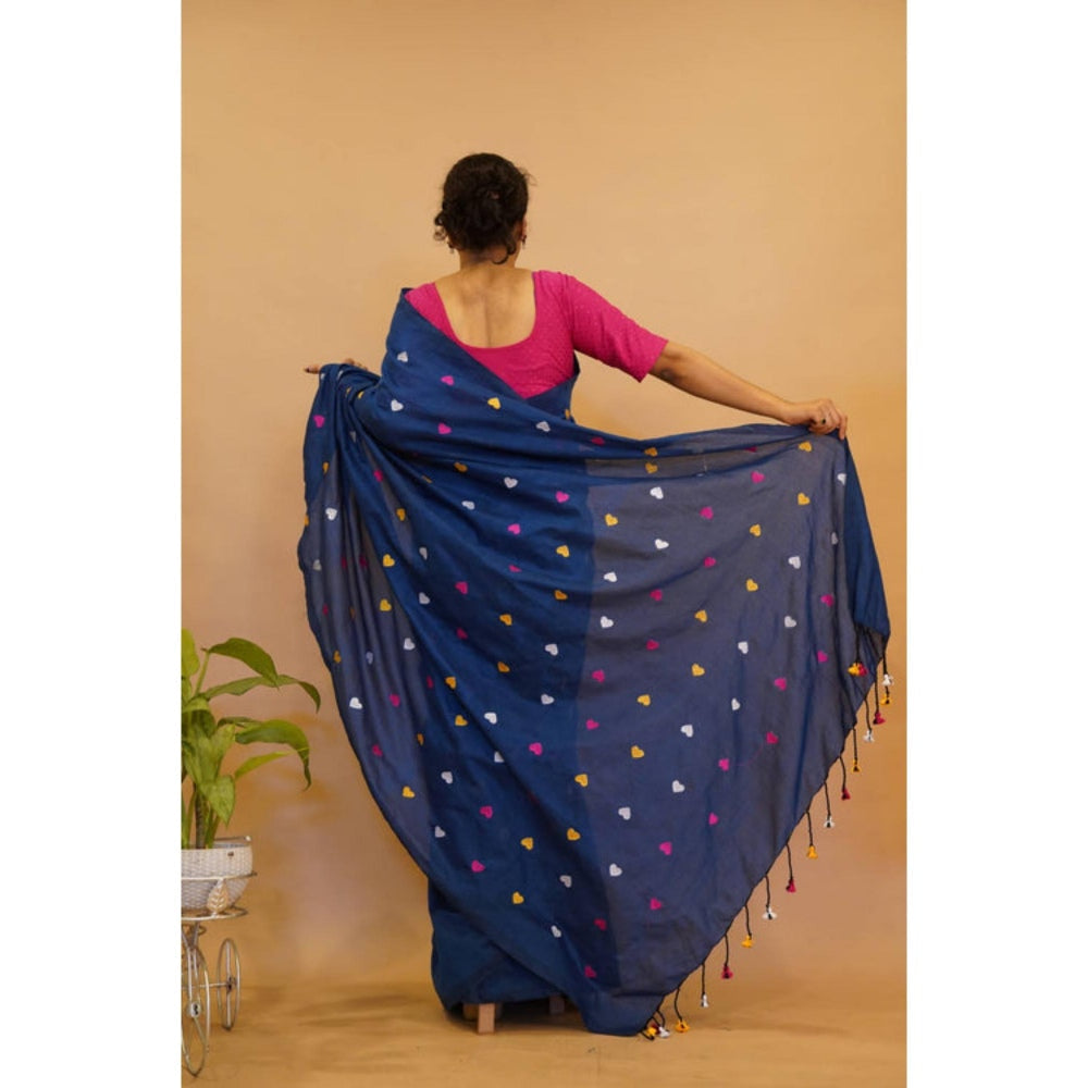 Isadora Life Womens Embroidered Tassels Navy Blue Pre-Draped Saree With Unstitched Blouse
