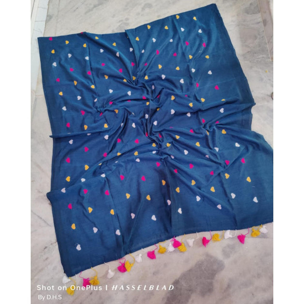 Isadora Life Womens Embroidered Tassels Navy Blue Pre-Draped Saree With Unstitched Blouse