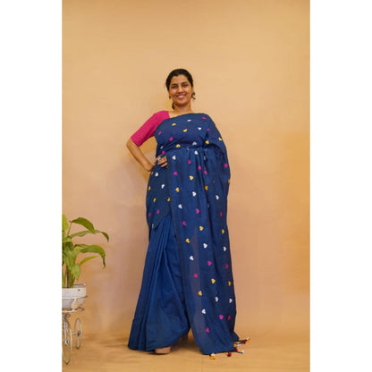 Isadora Life Womens Embroidered Tassels Navy Blue Pre-Draped Saree With Unstitched Blouse