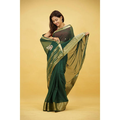 Isadora Life Womens Embroidered Zari Green Pre-Draped Saree With Unstitched Blouse