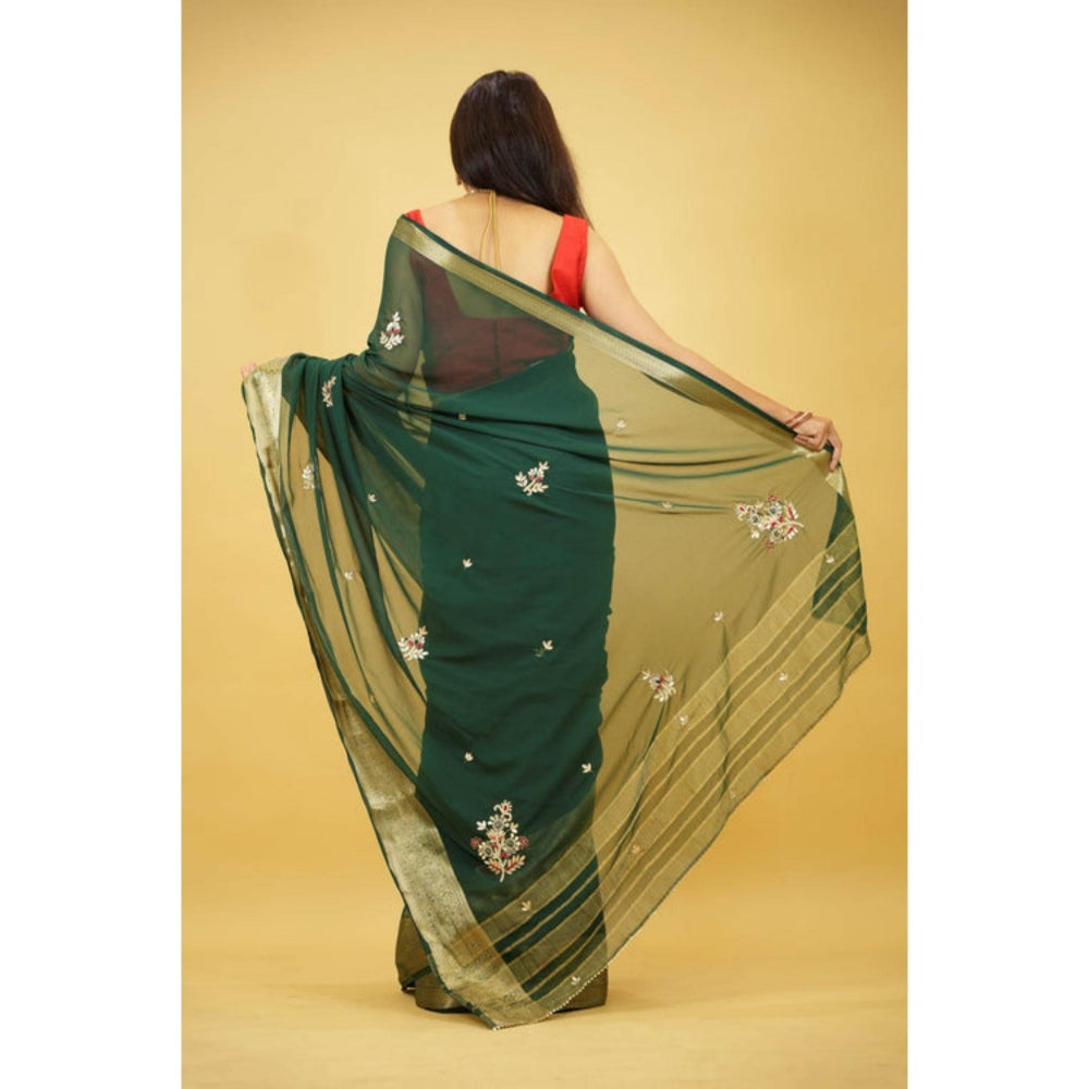 Isadora Life Womens Embroidered Zari Green Pre-Draped Saree With Unstitched Blouse