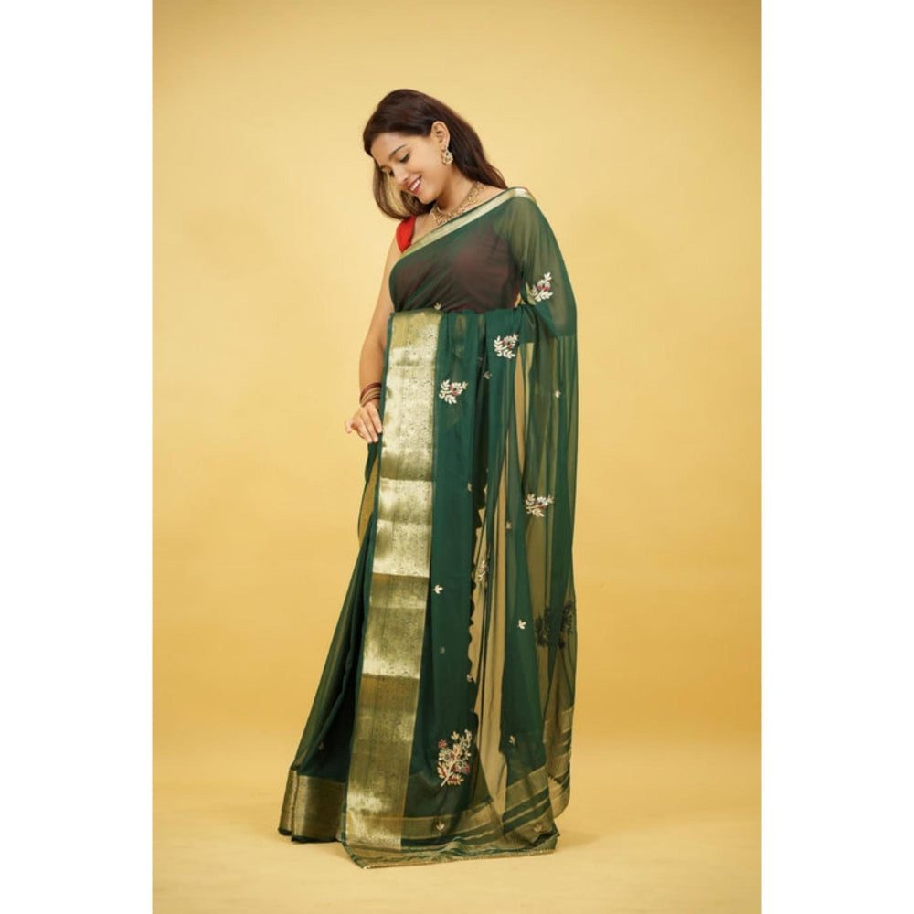 Isadora Life Womens Embroidered Zari Green Pre-Draped Saree With Unstitched Blouse