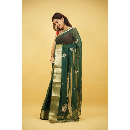 Isadora Life Womens Embroidered Zari Green Pre-Draped Saree With Unstitched Blouse