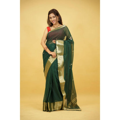 Isadora Life Womens Embroidered Zari Green Pre-Draped Saree With Unstitched Blouse