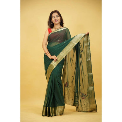 Isadora Life Womens Embroidered Zari Green Pre-Draped Saree With Unstitched Blouse