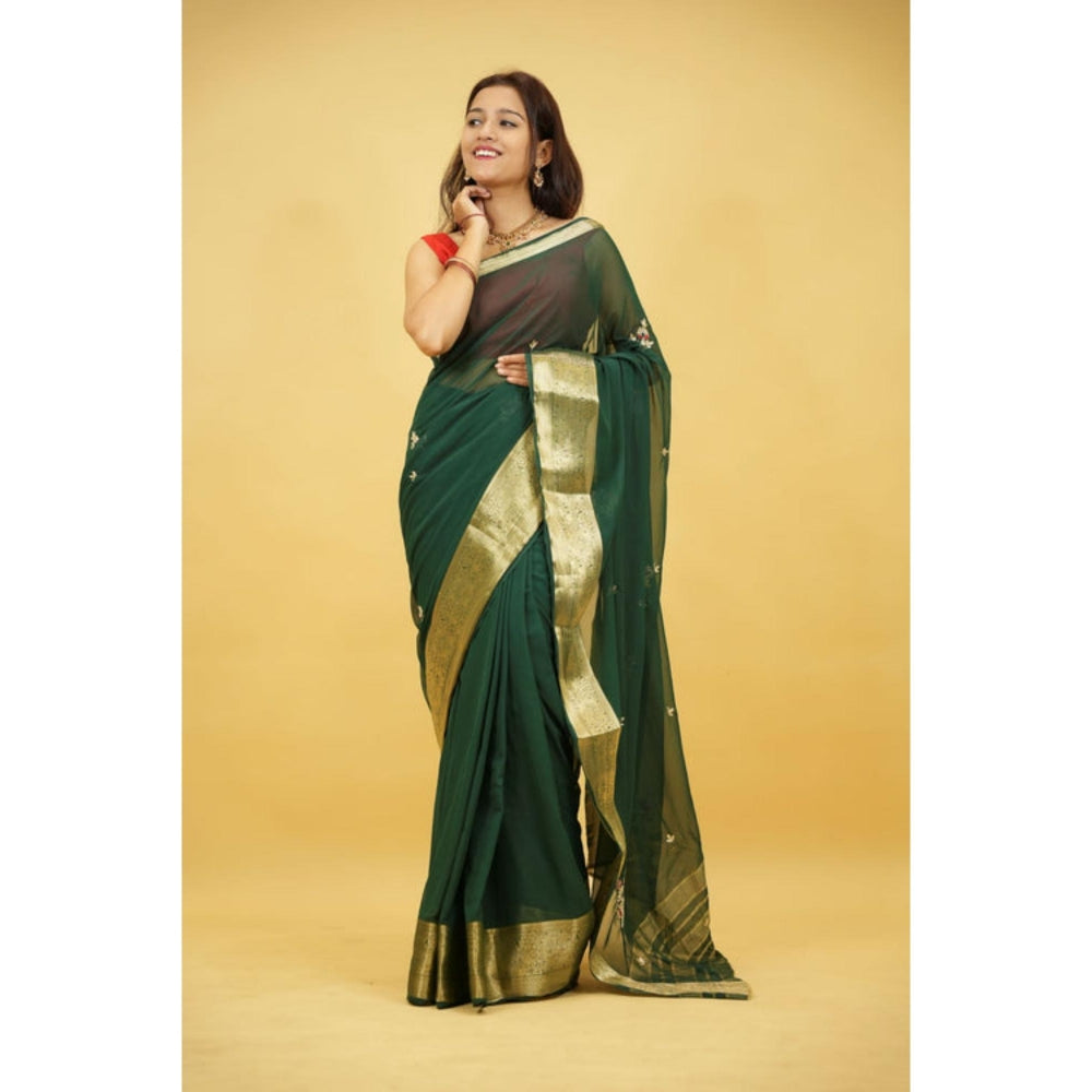 Isadora Life Womens Embroidered Zari Green Pre-Draped Saree With Unstitched Blouse