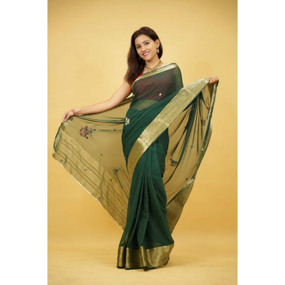 Isadora Life Womens Embroidered Zari Green Pre-Draped Saree With Unstitched Blouse