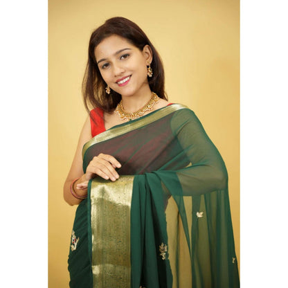 Isadora Life Womens Embroidered Zari Green Pre-Draped Saree With Unstitched Blouse