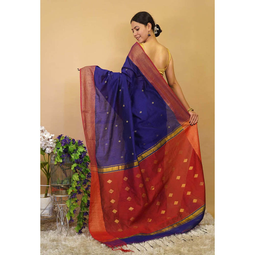 Isadora Life Womens Woven Tassels Blue Pre-Draped Saree With Unstitched Blouse