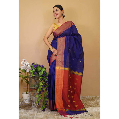 Isadora Life Womens Woven Tassels Blue Pre-Draped Saree With Unstitched Blouse
