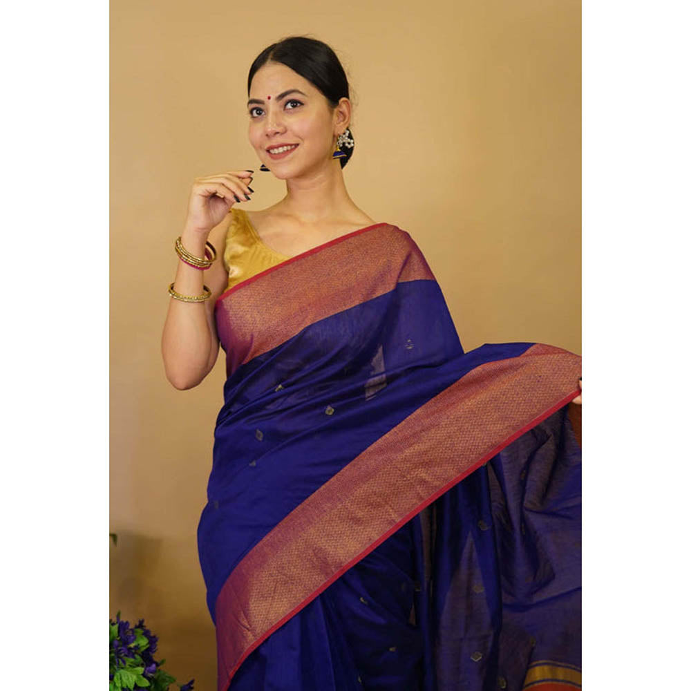 Isadora Life Womens Woven Tassels Blue Pre-Draped Saree With Unstitched Blouse