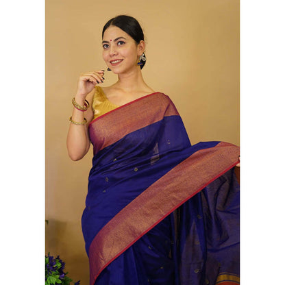 Isadora Life Womens Woven Tassels Blue Pre-Draped Saree With Unstitched Blouse