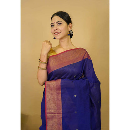 Isadora Life Womens Woven Tassels Blue Pre-Draped Saree With Unstitched Blouse