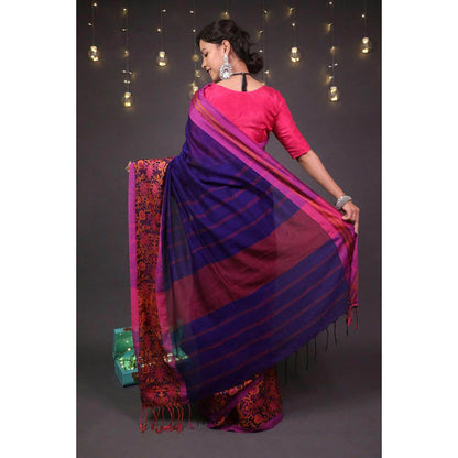 Isadora Life Womens Woven Tassels Navy Blue Pre-Draped Saree With Unstitched Blouse