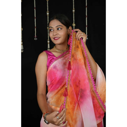 Isadora Life Womens Abstract Printed Multi-Color Pre-Draped Saree With Unstitched Blouse