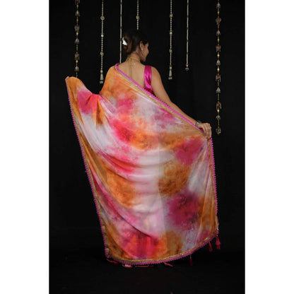 Isadora Life Womens Abstract Printed Multi-Color Pre-Draped Saree With Unstitched Blouse